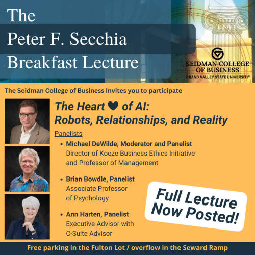 Secchia Breakfast event thumbnail photo with speaker info and a "full lecture now posted!" button
